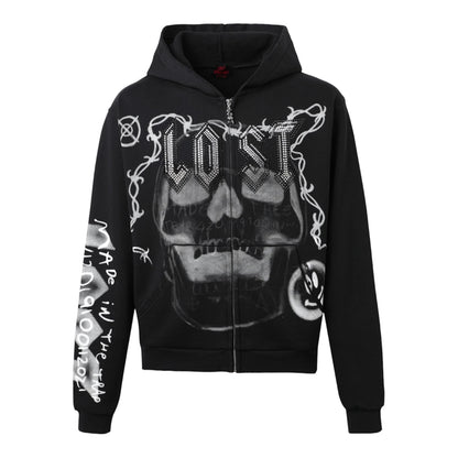Hoodie Zip Up Lost Intricacy Skull Bound Grey Print