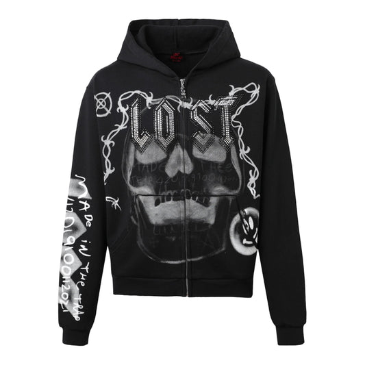 Hoodie Zip Up Lost Intricacy Skull Bound Grey Print