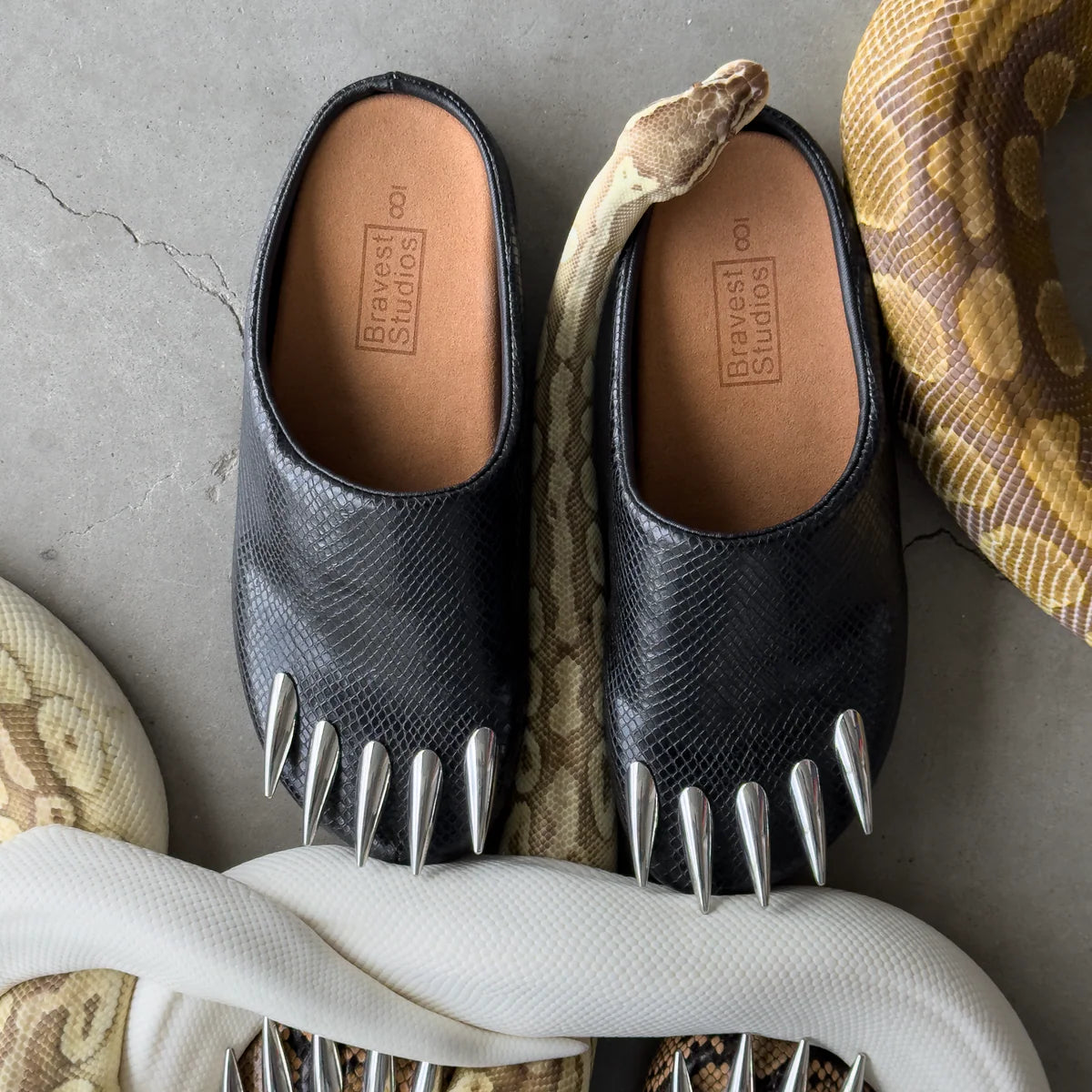 Black Snakeskin Claw Mules