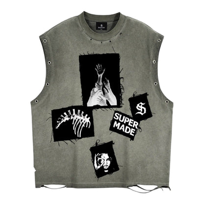 Sleeveless Vest Ripped Graphic Patch