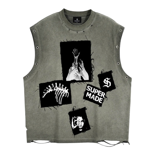 Sleeveless Vest Ripped Graphic Patch