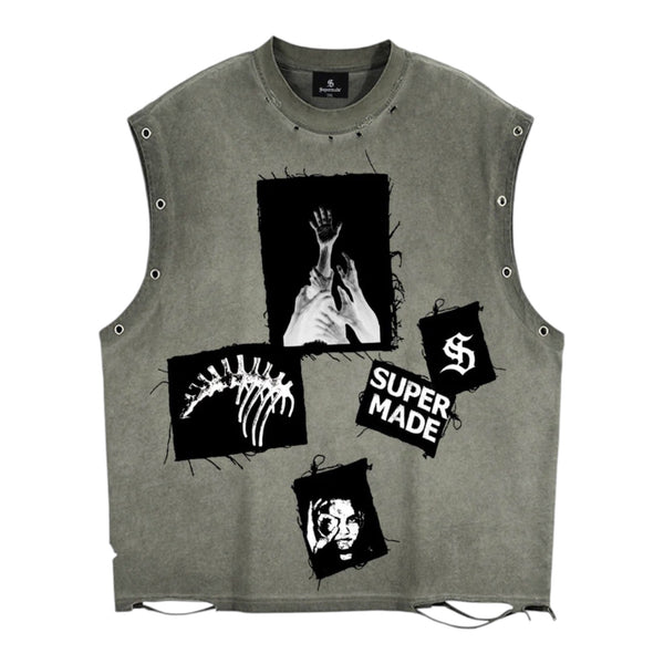 Sleeveless Vest Ripped Graphic Patch