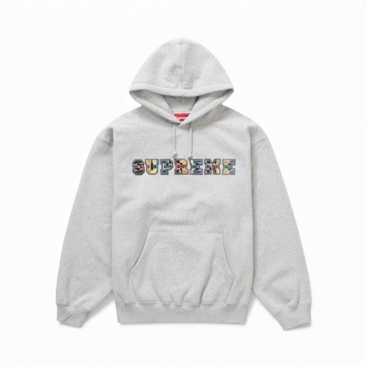 Supreme Collegiate Patchwork Leather Hoodie Sweatshirt Heather Grey